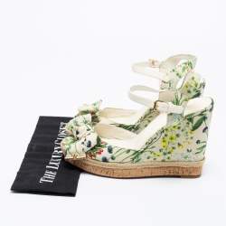 Pre Owned Tory Burch Multicolor Printed Canvas Bow Wedge Ankle-Strap Sandals Size 40.5