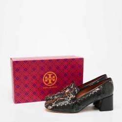 Pre Owned Tory Burch Multicolor Python Embossed Leather Studded Block Heel Loafer Pumps Size 39.5