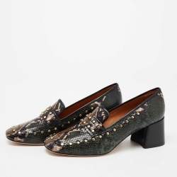 Pre Owned Tory Burch Multicolor Python Embossed Leather Studded Block Heel Loafer Pumps Size 39.5