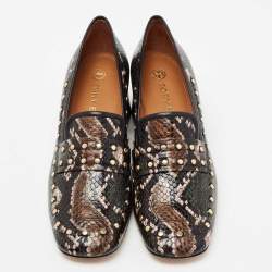 Pre Owned Tory Burch Multicolor Python Embossed Leather Studded Block Heel Loafer Pumps Size 39.5