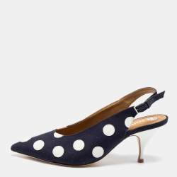 مملوكة مسبقًا Tory Burch Navy Blue/White Polka Dot Canvas and Leather Spencer Slingback Pumps Size 38.5