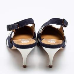 مملوكة مسبقًا Tory Burch Navy Blue/White Polka Dot Canvas and Leather Spencer Slingback Pumps Size 38.5