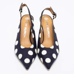 مملوكة مسبقًا Tory Burch Navy Blue/White Polka Dot Canvas and Leather Spencer Slingback Pumps Size 38.5