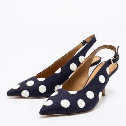 مملوكة مسبقًا Tory Burch Navy Blue/White Polka Dot Canvas and Leather Spencer Slingback Pumps Size 38.5