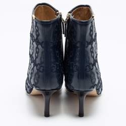 Pre Owned حذاء بوت كاحل توري برش بينيلوبي جلد أسود/أزرق كحلي مطرز وصلات مقدمة مدببة مقاس 36