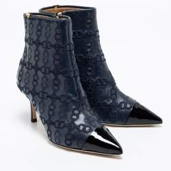 Pre Owned حذاء بوت كاحل توري برش بينيلوبي جلد أسود/أزرق كحلي مطرز وصلات مقدمة مدببة مقاس 36