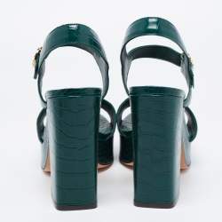 مملوكة مسبقًا Tory Burch Green Croc Embossed Leather Martine Platform Sandals Size 39