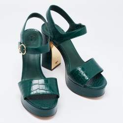 مملوكة مسبقًا Tory Burch Green Croc Embossed Leather Martine Platform Sandals Size 39