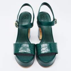 مملوكة مسبقًا Tory Burch Green Croc Embossed Leather Martine Platform Sandals Size 39