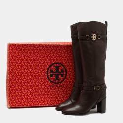 Pre Owned Tory Burch Dark Brown Leather Knee Length Boots Size 39.5