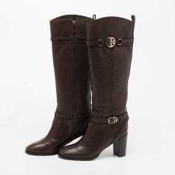 Pre Owned Tory Burch Dark Brown Leather Knee Length Boots Size 39.5