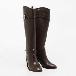 Pre Owned Tory Burch Dark Brown Leather Knee Length Boots Size 39.5
