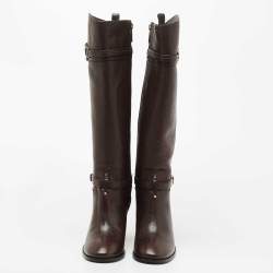 Pre Owned Tory Burch Dark Brown Leather Knee Length Boots Size 39.5