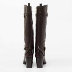 Pre Owned Tory Burch Dark Brown Leather Knee Length Boots Size 39.5