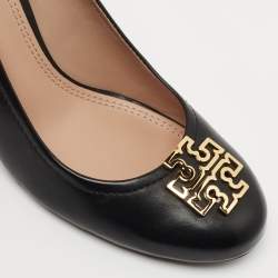 Pre Owned Tory Burch Black Leather Lowell Wedge Pumps Size 38