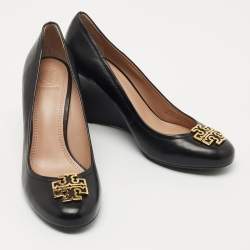 Pre Owned Tory Burch Black Leather Lowell Wedge Pumps Size 38