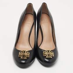 Pre Owned Tory Burch Black Leather Lowell Wedge Pumps Size 38