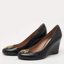 Pre Owned Tory Burch Black Leather Lowell Wedge Pumps Size 38