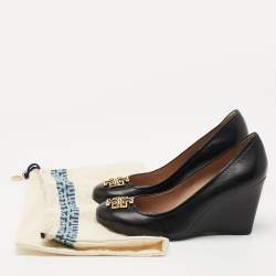 Pre Owned Tory Burch Black Leather Lowell Wedge Pumps Size 38