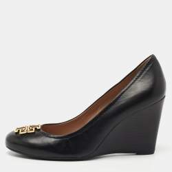 Pre Owned Tory Burch Black Leather Lowell Wedge Pumps Size 38