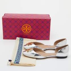 Pre Owned Tory Burch Metallic Silver Leather Raleigh Flats Size 36.5