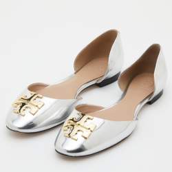 Pre Owned Tory Burch Metallic Silver Leather Raleigh Flats Size 36.5