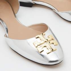 Pre Owned Tory Burch Metallic Silver Leather Raleigh Flats Size 36.5