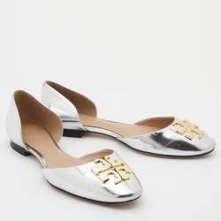Pre Owned Tory Burch Metallic Silver Leather Raleigh Flats Size 36.5