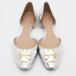 Pre Owned Tory Burch Metallic Silver Leather Raleigh Flats Size 36.5