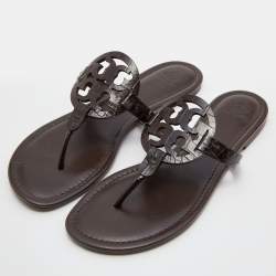 Pre Owned Tory Burch Dark Brown Croc Embossed Leather Logo Miller Thong Flats Size 40.5