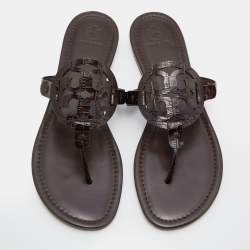 Pre Owned Tory Burch Dark Brown Croc Embossed Leather Logo Miller Thong Flats Size 40.5