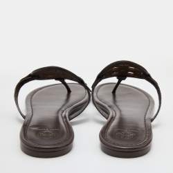 Pre Owned Tory Burch Dark Brown Croc Embossed Leather Logo Miller Thong Flats Size 40.5