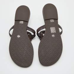 Pre Owned Tory Burch Dark Brown Croc Embossed Leather Logo Miller Thong Flats Size 40.5