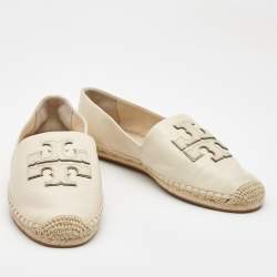 Pre Owned Tory Burch Cream Leather Ines Espadrille Flats Size 41.5