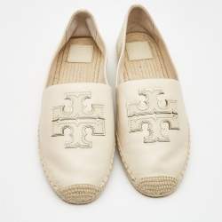 Pre Owned Tory Burch Cream Leather Ines Espadrille Flats Size 41.5