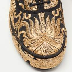 Pre Owned Tory Burch Gold/Black Brocade Fabric Arden Platform Oxfords Size 39