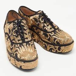 Pre Owned Tory Burch Gold/Black Brocade Fabric Arden Platform Oxfords Size 39