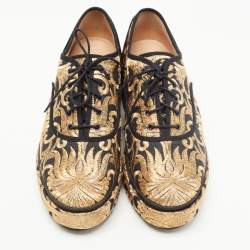 Pre Owned Tory Burch Gold/Black Brocade Fabric Arden Platform Oxfords Size 39