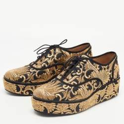Pre Owned Tory Burch Gold/Black Brocade Fabric Arden Platform Oxfords Size 39