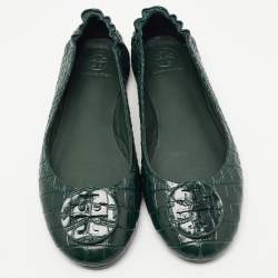 Pre Owned Tory Burch Green Croc Embossed Leather Minnie Travel Ballet Flats Size 38