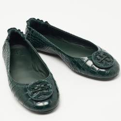 Pre Owned Tory Burch Green Croc Embossed Leather Minnie Travel Ballet Flats Size 38