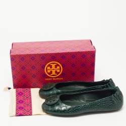 Pre Owned Tory Burch Green Croc Embossed Leather Minnie Travel Ballet Flats Size 38