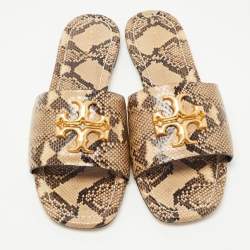 Pre Owned Tory Burch Two Tone Python Leather Eleanor Flat Slides Size 38