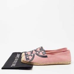 Pre Owned Tory Burch Pink/Navy Blue Canvas and Leather Poppy Logo Espadrille Flats Size 38.5