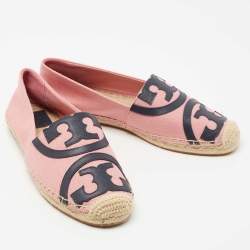 Pre Owned Tory Burch Pink/Navy Blue Canvas and Leather Poppy Logo Espadrille Flats Size 38.5