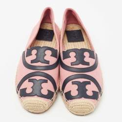 Pre Owned Tory Burch Pink/Navy Blue Canvas and Leather Poppy Logo Espadrille Flats Size 38.5