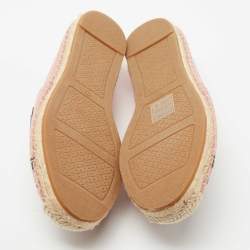 Pre Owned Tory Burch Pink/Navy Blue Canvas and Leather Poppy Logo Espadrille Flats Size 38.5