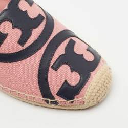 Pre Owned Tory Burch Pink/Navy Blue Canvas and Leather Poppy Logo Espadrille Flats Size 38.5