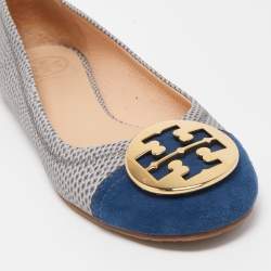 Pre Owned Tory Burch Blue/Grey Textured Leather and Suede Reva Ballet Flats Size 39.5