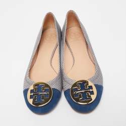 Pre Owned Tory Burch Blue/Grey Textured Leather and Suede Reva Ballet Flats Size 39.5